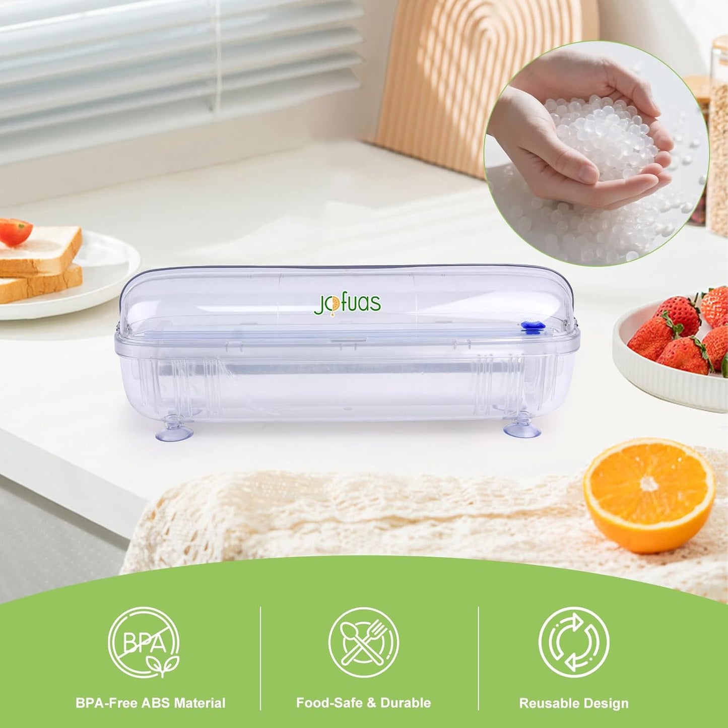 Plastic Wrap Dispenser with Slide Cutter, Fits 12 Inch Cling Wrap | BPA-free reusable dispenser fits 12" rolls. Compatible with cling film, tin foil and baking paper for food storage