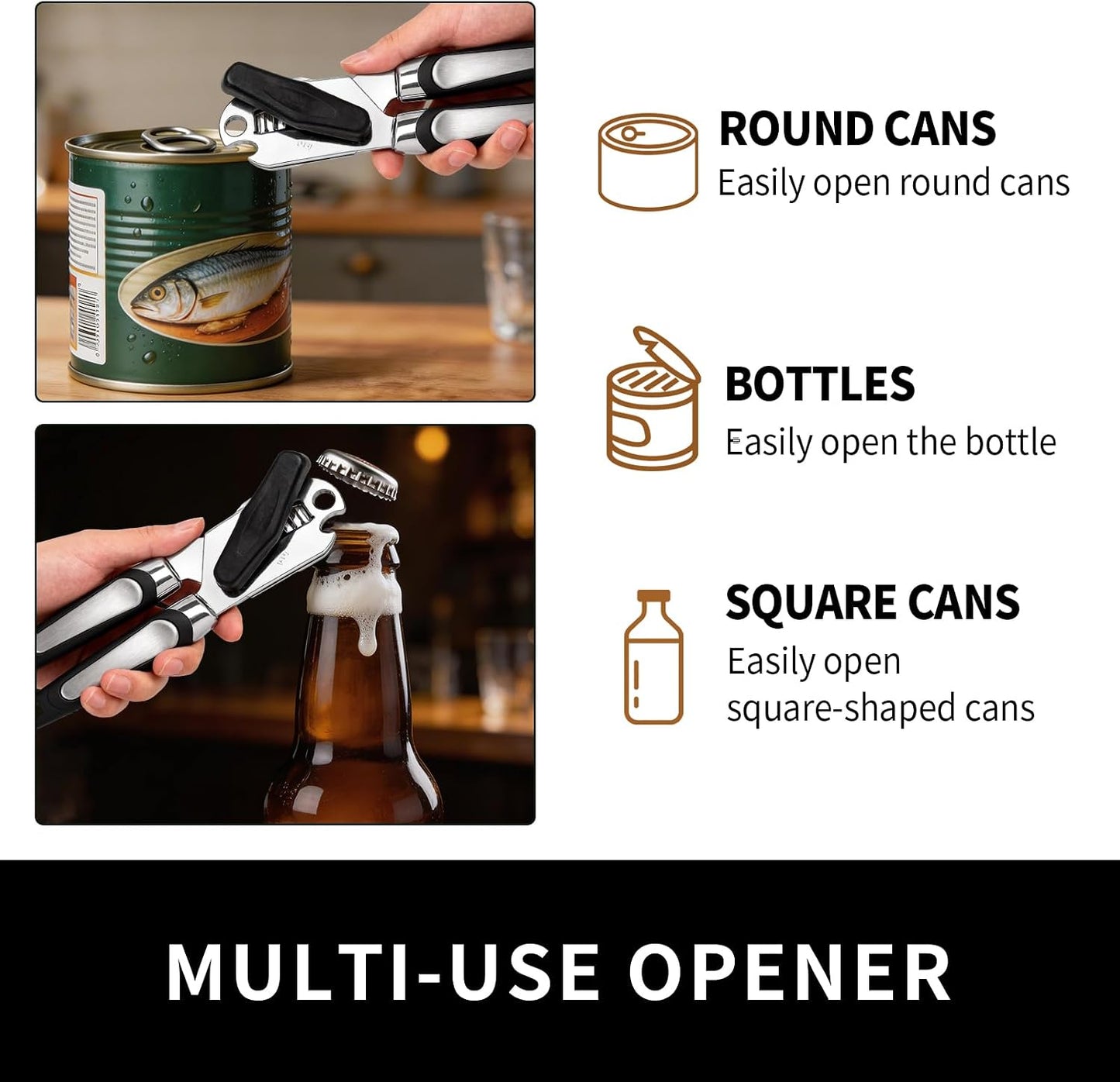 X&E Can Opener Manual, Handheld Strong Heavy Duty Stainless Steel Can Opener, Comfortable Handle, Sharp Blade Smooth Edge, Can Openers with Multifunctional Bottle Opener