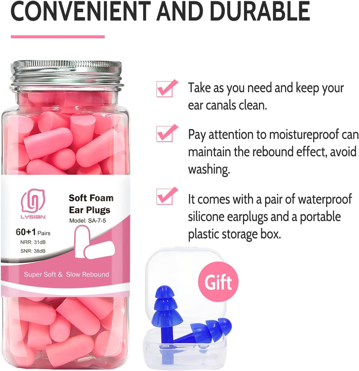 LYSIAN Foam Ear Plugs for Sleep, 60 Pairs, 38dB SNR, Purple