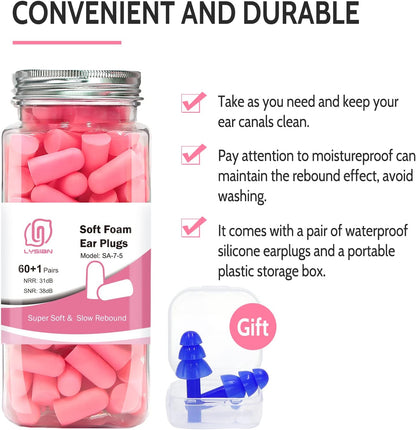 LYSIAN Foam Ear Plugs for Sleep, 60 Pairs, 38dB SNR, Purple