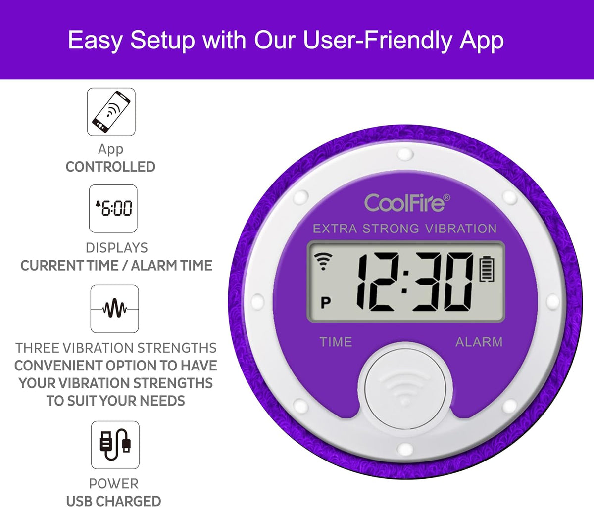 Coolfire Vibrating Alarm Clock Wristband, Silent Wake-Up Watch for Heavy Sleepers, Won’t Disturb Partner, Couples/Roommates, Deaf/Hearing Impaired, 4 Alarms, Bluetooth App, Rechargeable (Purple)