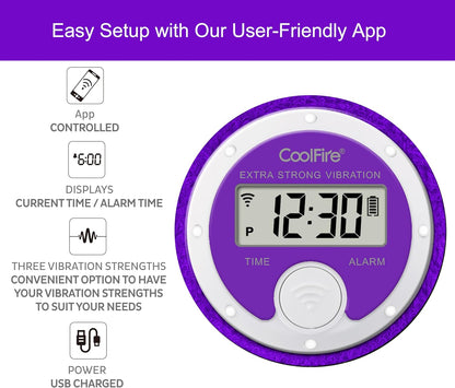 Coolfire Vibrating Alarm Clock Wristband, Silent Wake-Up Watch for Heavy Sleepers, Won’t Disturb Partner, Couples/Roommates, Deaf/Hearing Impaired, 4 Alarms, Bluetooth App, Rechargeable (Purple)