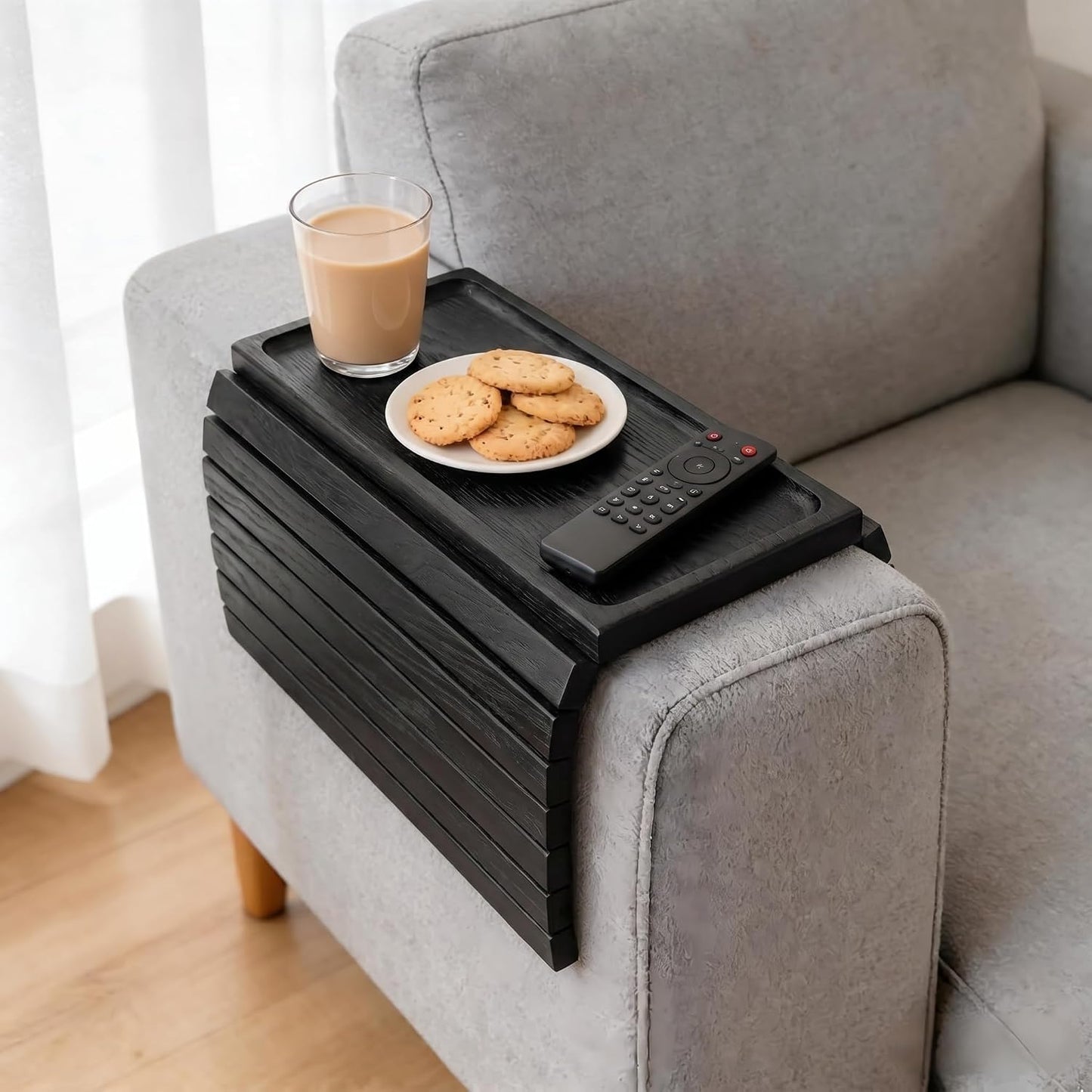 Acacia Wood Couch Armrest Table, Couch Arm Tray, Foldable Anti-Slip Wood Couch Tray, Sofa Cup Holder for Drink Snacks Remote Control