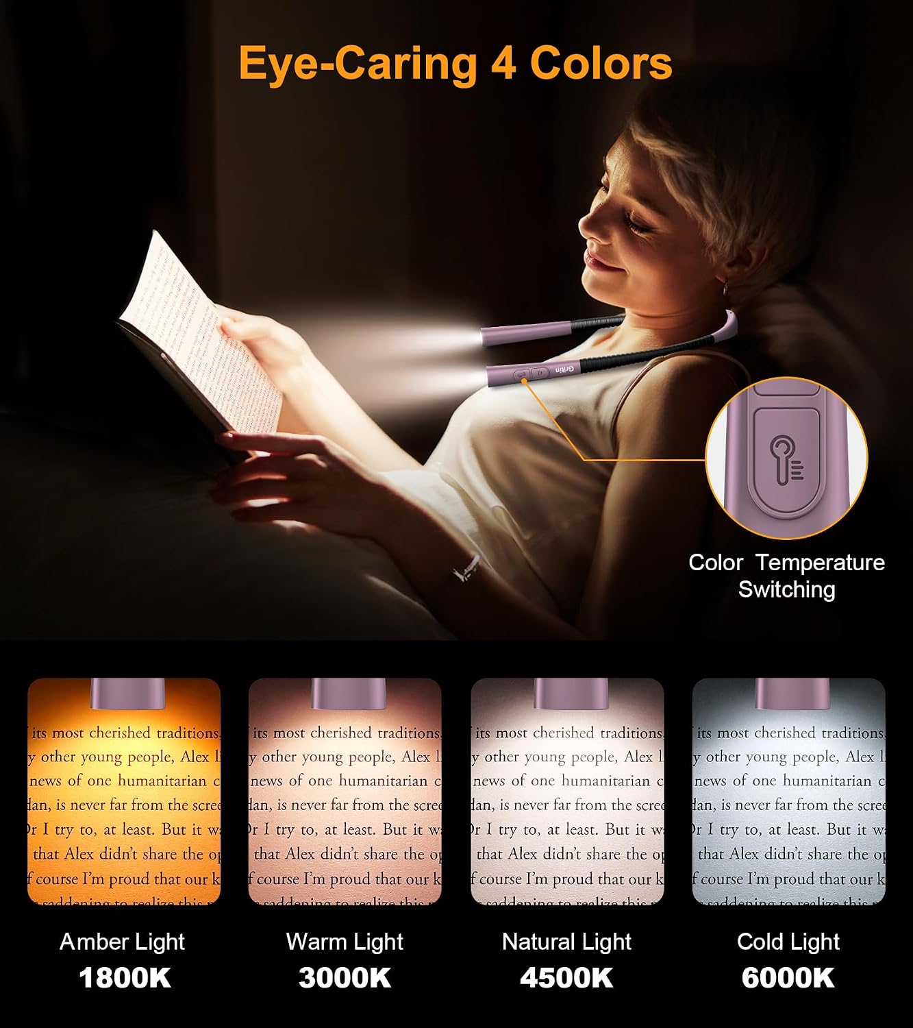 Gritin Book Light, Eye Caring 4-Color&5-Brightness Neck Light Reading Light | Stepless Dimming, 30-min Timer, 80+ Hrs Runtime, Bendable Round Neck Design, Lightweight for Reading, Knitting, Repairing