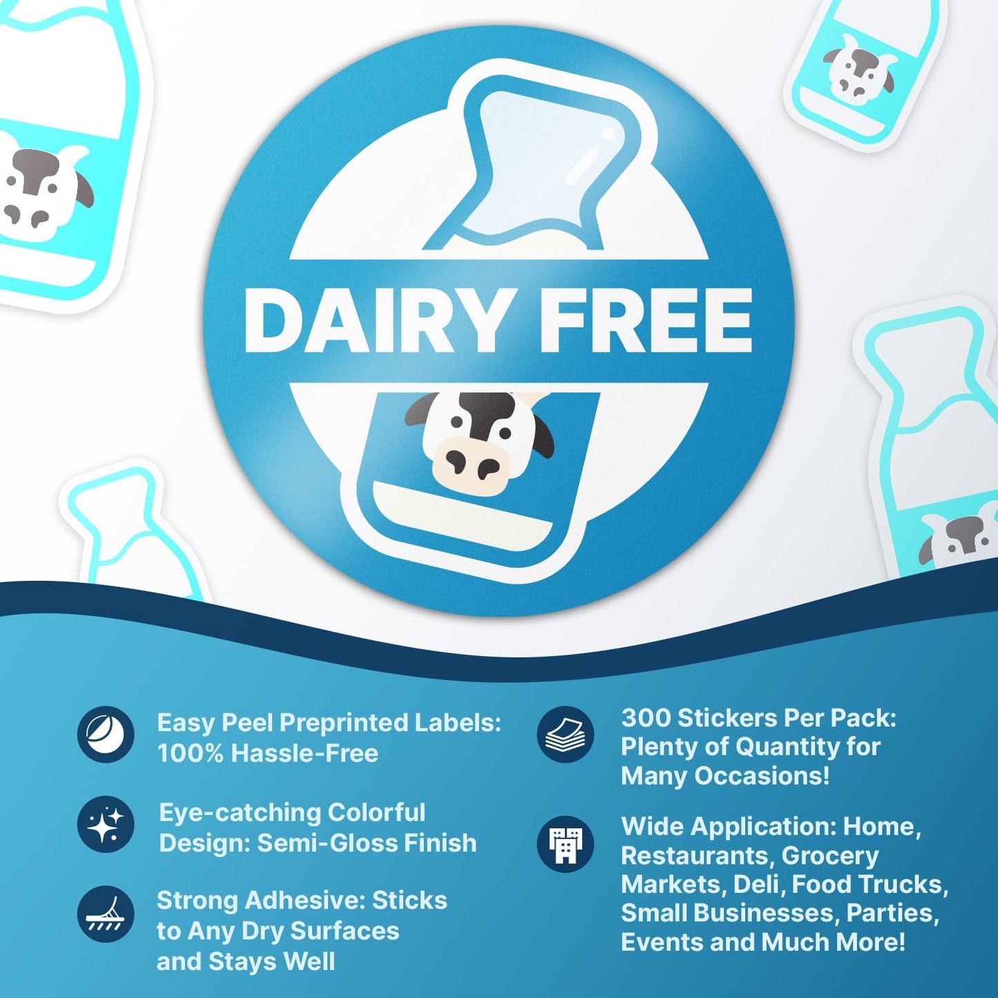 Dairy Free Food Labels Stickers - 1.5" Round Food Allergy Warning Meal Choice Label Stickers for Restaurant Deli Grocery Store Food Packaging, Strong Adhesive & Easy Peel (300 Labels on Sheet)