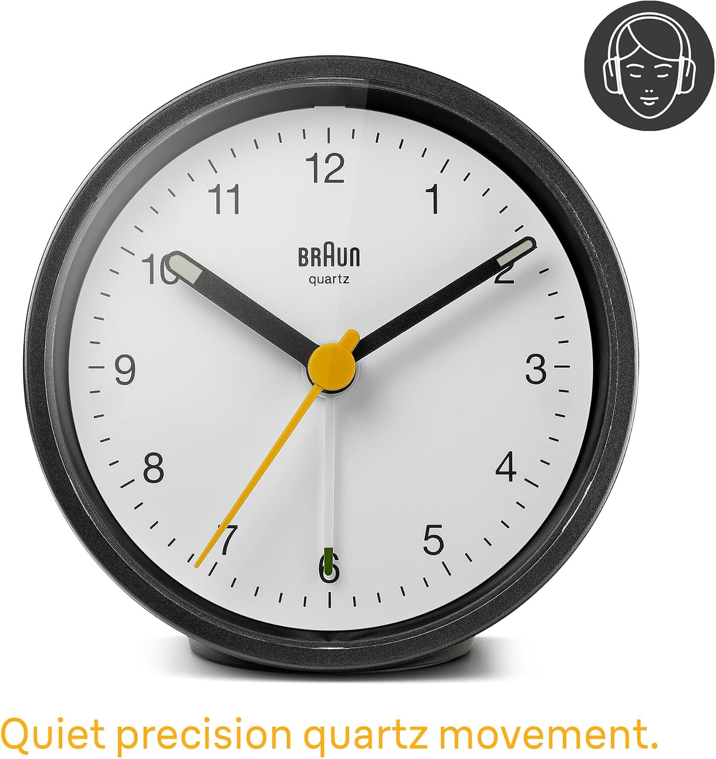Braun Classic Analogue Alarm Clock with Snooze and Light, Quiet Quartz Movement, Crescendo Beep Alarm in White, Model BC12W.