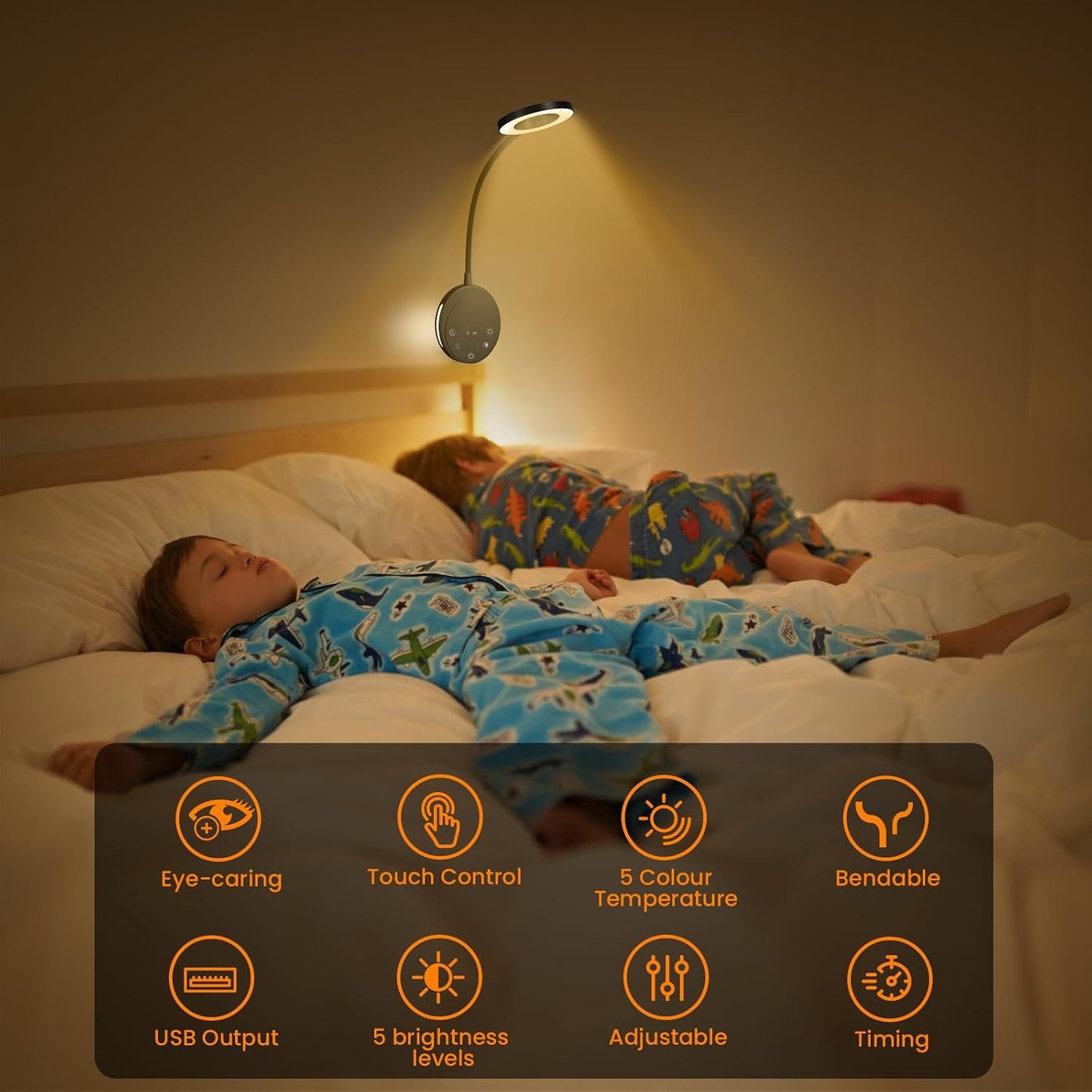 Wall Mounted Reading Light, Bedside Headboard Lights with 5 Color Temperature & 5 Dimming, 360 Flexible Gooseneck, USB Output, Night Light & Timer Function - Perfect for Reading (Black)