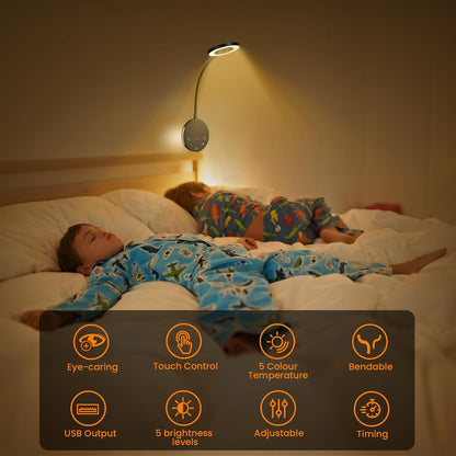 Wall Mounted Reading Light, Bedside Headboard Lights with 5 Color Temperature & 5 Dimming, 360 Flexible Gooseneck, USB Output, Night Light & Timer Function - Perfect for Reading (Black)