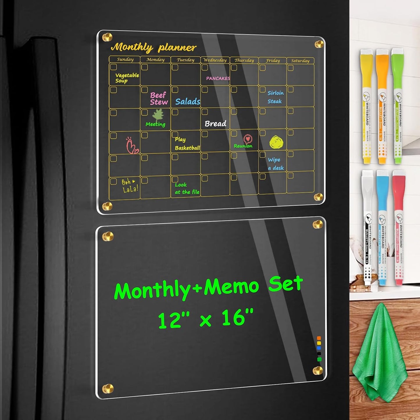 Acrylic Calendar for Fridge, Monthly Clear Acrylic Magnetic Dry Erase Board for Refrigerator, Set of 2 Stronger-Magnetic Reusable Fridge Planner, Includes 6 Liquid Chalk Markers