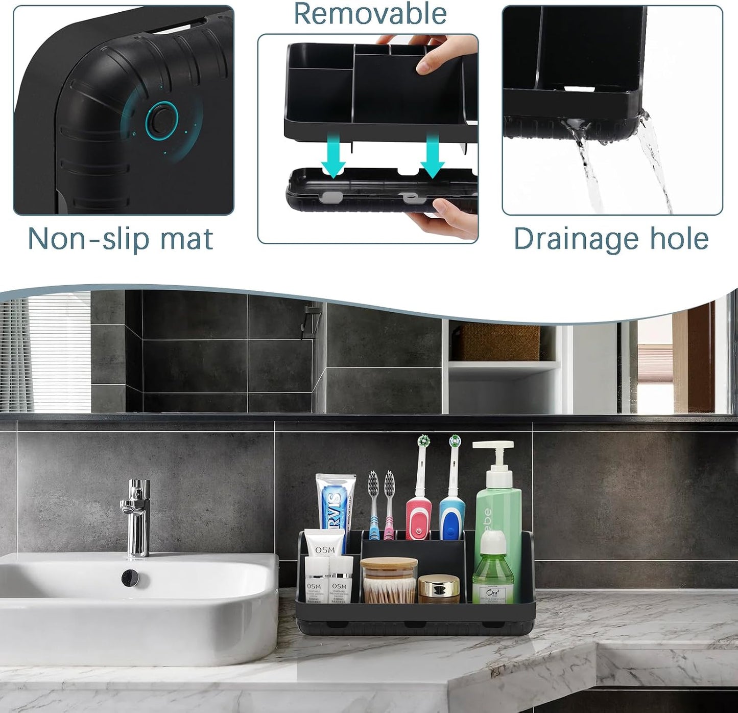 GFWARE Black Toothbrush Holder - 7 Slots Bathroom Organizer Countertop with Drainage Matte Black Electric Toothbrush and Toothpaste Holder for Bathroom Accessories Organization Vanity Sink Storage | Detachable 7 Slots Matte Black Kid Electric Toothbrush