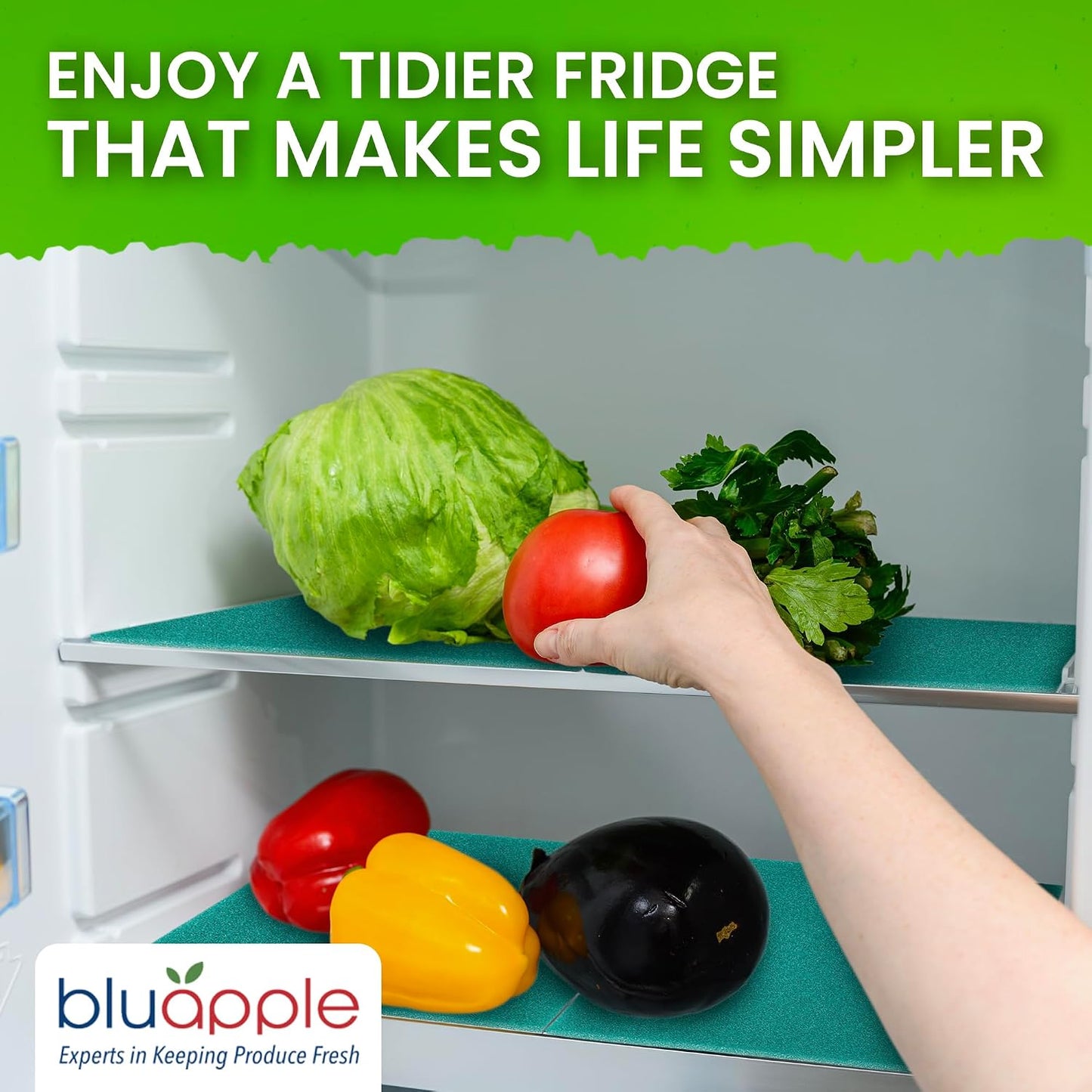 Bluapple FreshMats - Refrigerator Bin Liners, Fridge Drawer Mats - Keeps Produce Fresh Longer, Prevents Bruising, Promotes Air Circulation - BPA-Free Polyurethane Foam - (4-Piece Set, 12"x15", Green)