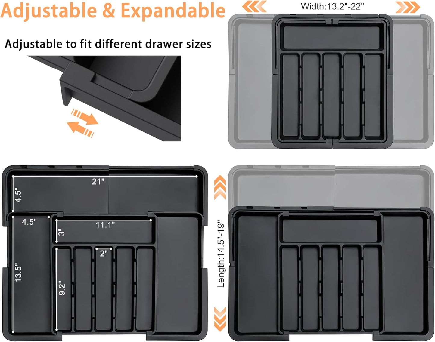 Large Silverware Drawer Organizer Expandable Kitchen Utensil Organizer BPA Free Flatware Cutlery Holder Tray Adjustable Plastic Drawer Divider Storage for Forks Knives 6-9 Slots White