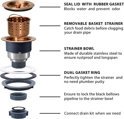 3-1/2 Inch Sink Drain Assembly Kit, Removable Deep Sink Strainer Basket with Sink Stopper/Sealing Lid for Home, Kitchen, Stainless Steel