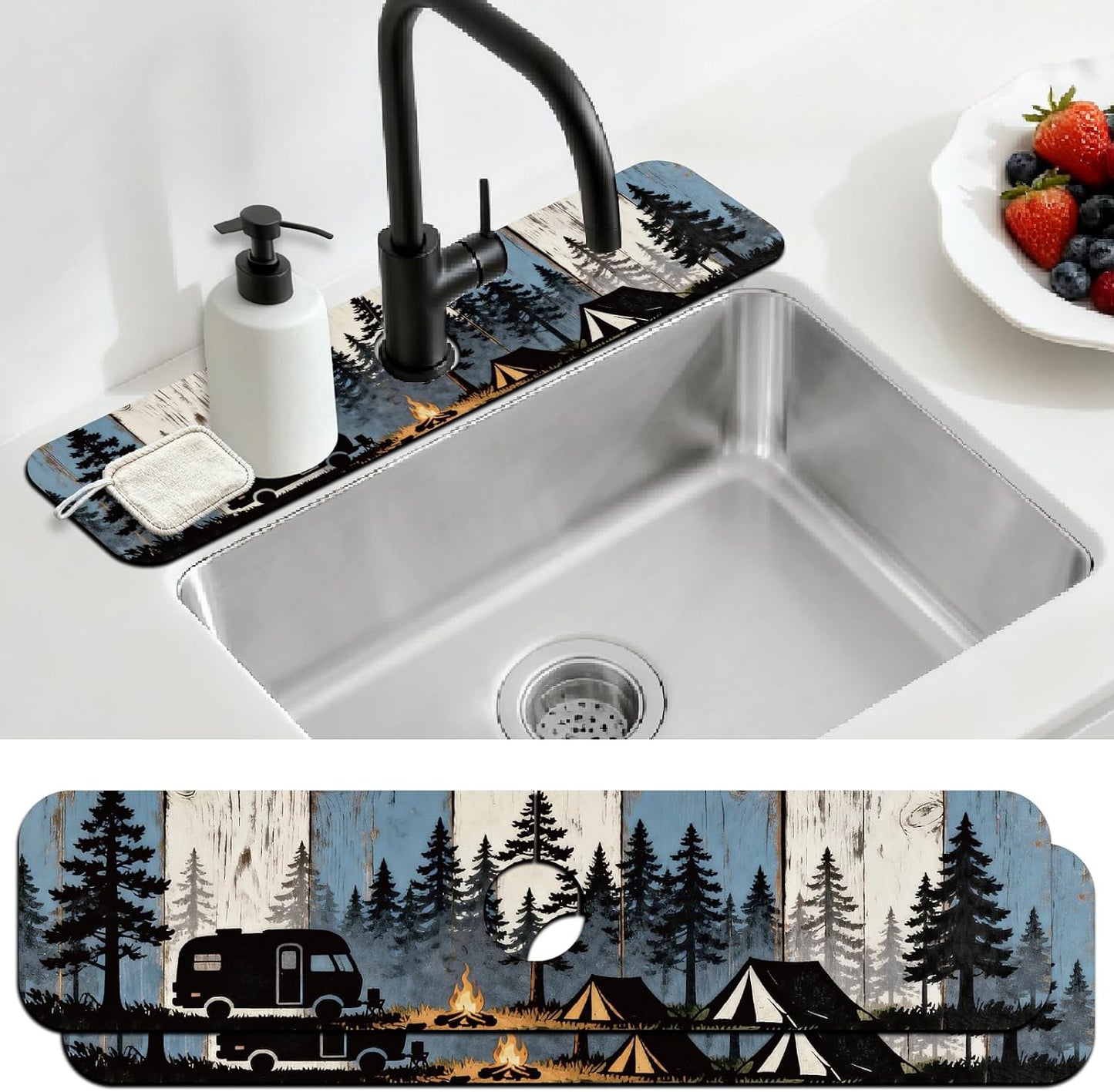2Pcs Peonies Kitchen Sink Splash Guard Faucet Mat Vintage Florals Faucet Mat For Bathroom Kitchen 5.5x23.6In