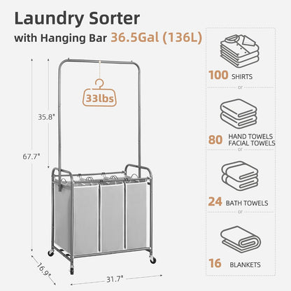 STORAGE MANIAC Laundry Sorter with Hanging Bar, Portable, Removable Laundry Hamper Cart with Heavy Duty Lockable Wheels and Removable Bags, Rolling Laundry Basket Organizer 181L, 4 Section Gray