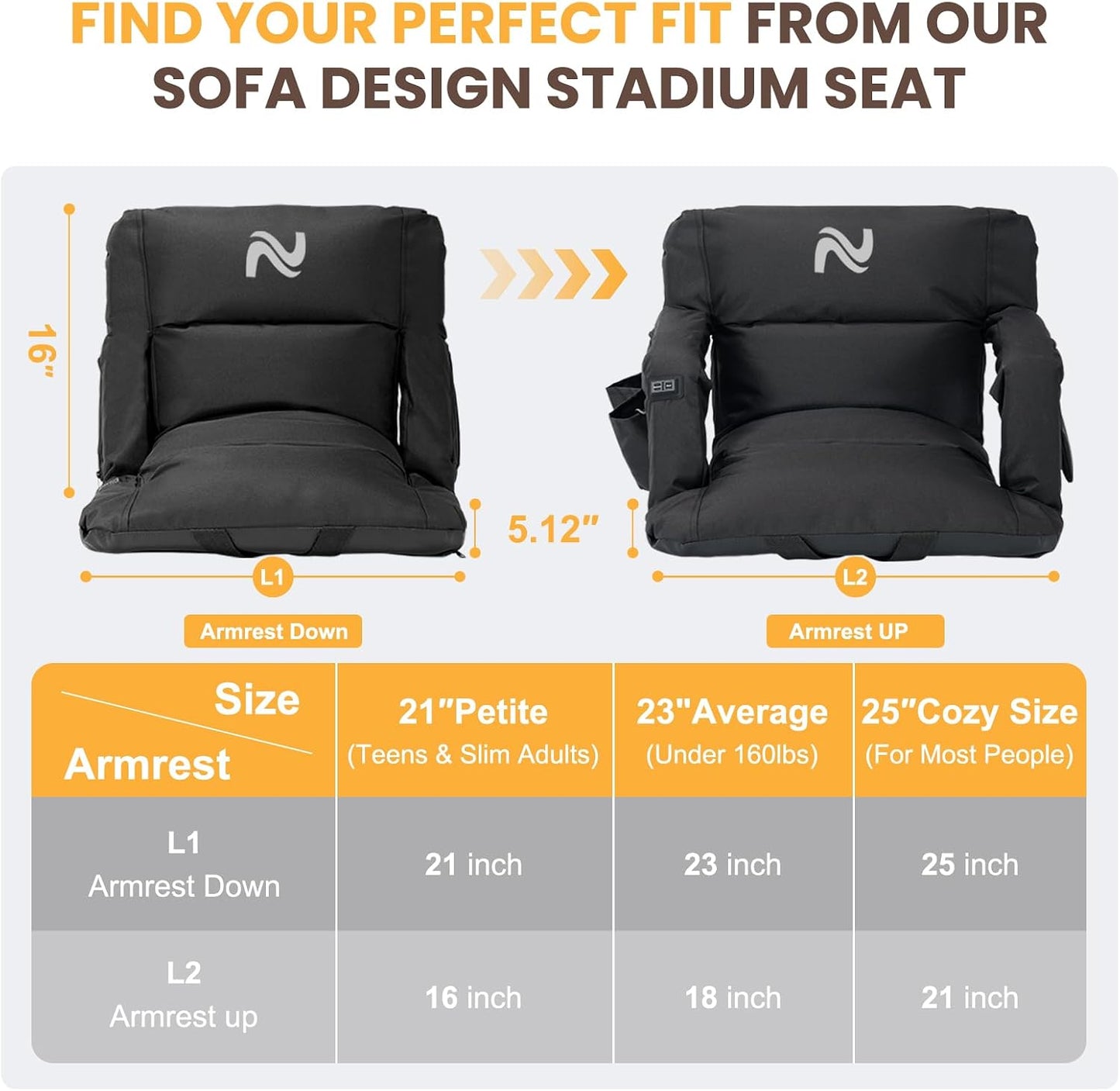 25in 5.12" Extra Thick&Wide Heated Stadium Seat for Bleachers | Sofa Style Design Thick Bleacher Chair With Back and Comfy Cushion, 6 Reclining Positions, 3 Heat Levels (NO Battery)