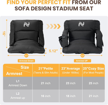 25in 5.12" Extra Thick&Wide Heated Stadium Seat for Bleachers | Sofa Style Design Thick Bleacher Chair With Back and Comfy Cushion, 6 Reclining Positions, 3 Heat Levels (NO Battery)