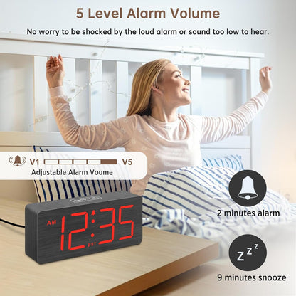 DreamSky Wooden Digital Alarm Clock for Bedroom with Large Numbers | Desk Clock for Living Room Office, Loud Alarm for Heavy Sleepers Adults, Volume Control, Dimmer, DST, Wood Decor (Plug-in)
