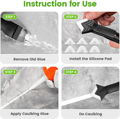 Goopreen 5 in 1 Caulking Tool Silicone Caulking Grout Removal Sealant Finishing Tool with Stainless Steel Head, 6 Replaceable Pads, Gap Seam Repair Kit for Kitchen Bathroom Sink Toilet Caulking