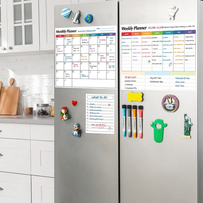 Dry Erase Magnetic Calendar for Refrigerator, 3 Pack- Monthly & Weekly & Daily Planner Magnet Whiteboard for Fridge Wall Door - Shopping, Meal/Menu, To Do List, Family Schedule Planning Board, 14"x11"