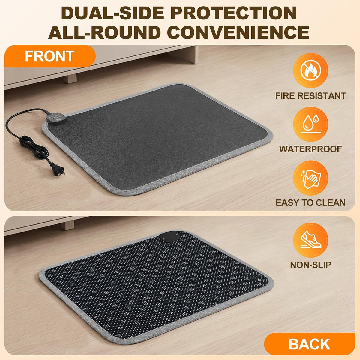 Foot Warmer Under Desk - 15.9x19.9in Heated Floor Mat 110V Adjustable Temperature Electric Heater with Timer for Office Home, Heating Pad for Cold Feet (Brown Wood)