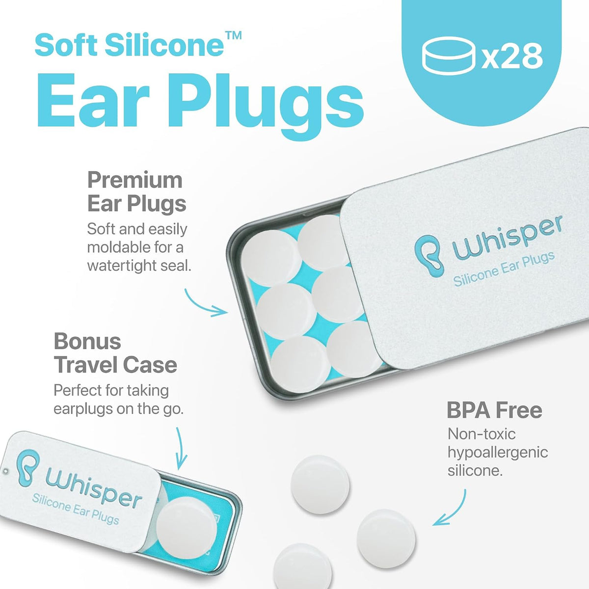Whisper Ear Plugs (42 pcs) | Soft Silicone | Reusable Silicone Ear Plugs for Swimming, Sleep, Travel, Noise & Snoring | Moldable Comfort Fit Wax Earplugs for Sleep | Waterproof Swim Ear Plugs Adults
