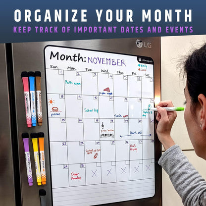 Large Dry-Erase Magnetic Monthly Calendar + Free Bonus: 3 Grocery/to-Do List Whiteboards (Organizer/Planner) for Kitchen Fridge - Full Set: 8 Markers + Eraser | Stain Free | Horizontal