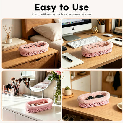 Glasses Holder, Anti-scratch Plush Lined Eyeglass Holder Stand | Oval Eye-glasses Storage Organizer Case for Nightstand, Office Desk, Bedside Table, Beige