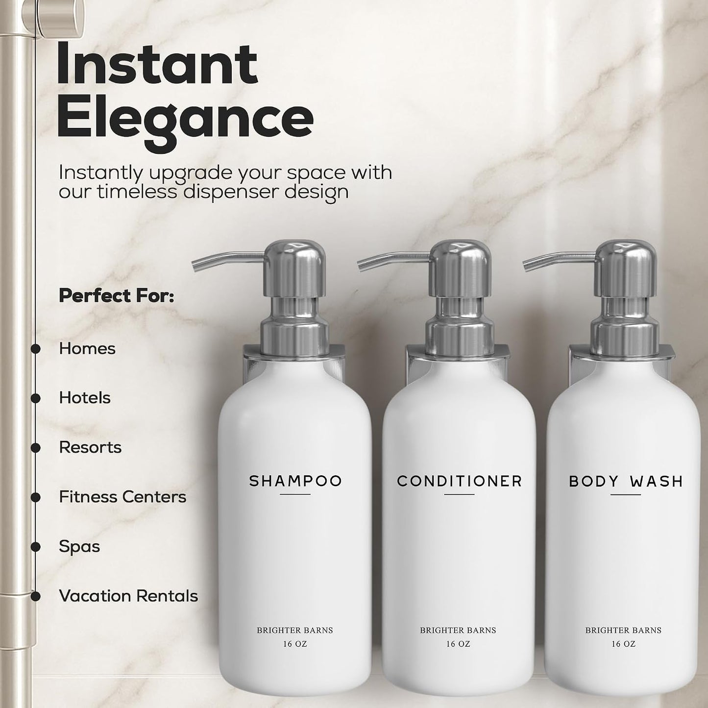 White Shampoo and Conditioner Dispenser Set Wall Mounted by Brighter Barns - Shower Dispenser 3 Chamber No Drill - Refillable Shampoo and Conditioner Bottles for Shower Wall in Airbnb, Hotel (White)