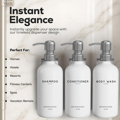 White Shampoo and Conditioner Dispenser Set Wall Mounted by Brighter Barns - Shower Dispenser 3 Chamber No Drill - Refillable Shampoo and Conditioner Bottles for Shower Wall in Airbnb, Hotel (White)