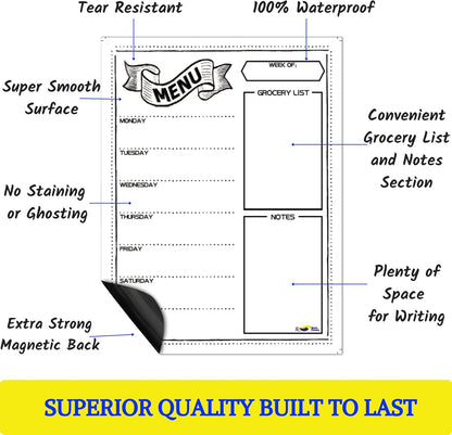 White Magnetic Dry Erase Weekly Menu Board for the Fridge | Weekly meal and dinner planner, 7-day grid, grocery and to-do lists, 12x16 inches, fits standard fridge, 3 markers, eraser