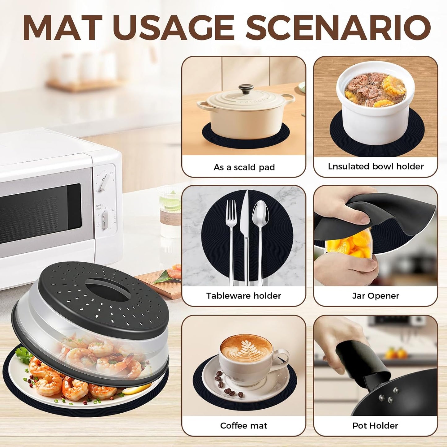 12 Inchs Microwave Splatter Cover & Silicone Mat, Large Vented Collapsible Guard dish Plate lid & Round Kitchen mat for food