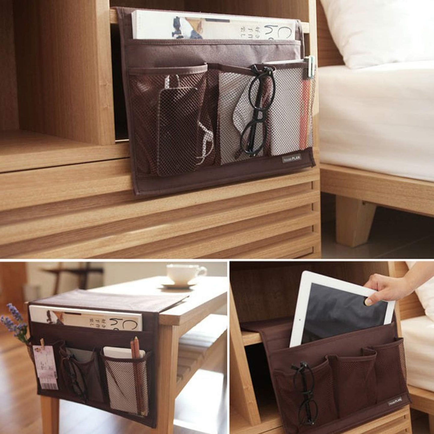 Bedside Storage Organizer, Bedside Caddy, Table Cabinet Storage Organizer, TV Remote Control, Phones, Magazines, Tablets, Accessories, Grey