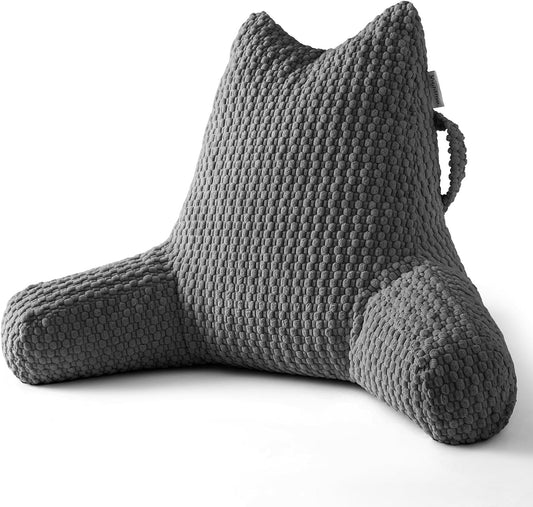 Standard Reading Pillow for Bed Sitting Up, Backrest Pillow with Shredded Memory Foam Filling, Back Support Cushion, Bed Rest Pillow with Arms, Pockets and Washable Cover-Grey