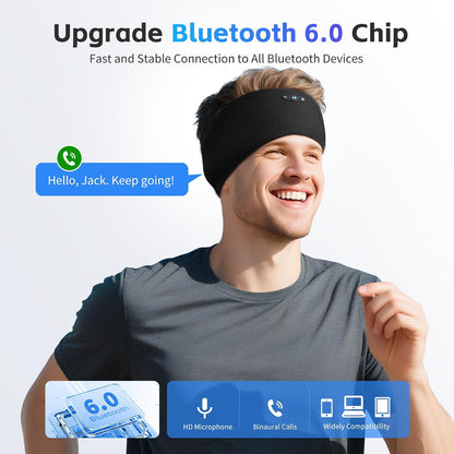 Sleep Headphones Bluetooth 6.0 Headband for Side Sleeper (Black) | 200mah cell for 20hr playback, 3mm ultra-thin speaker & mic, HD stereo, removable and washable, 2-in-1 sport & sleep headband