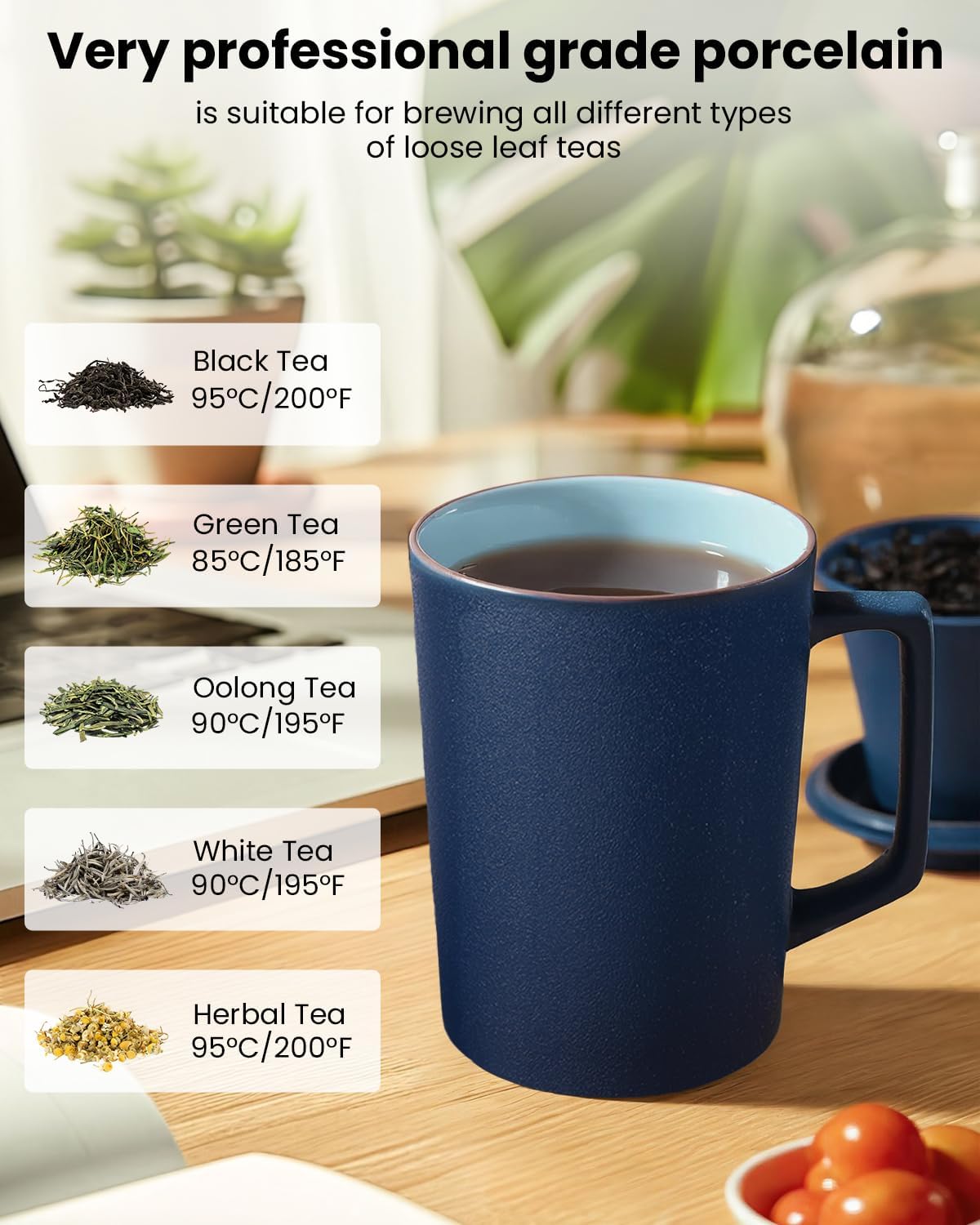 15 oz Ceramic Tea Infuser Cup with Lid - Tea Mug with All Porcelain Strainer for Loose Leaf Teas,Microwave and Dishwasher Safe,Metal-Free,BPA-Free for Tea Lovers/Birthday (Black)