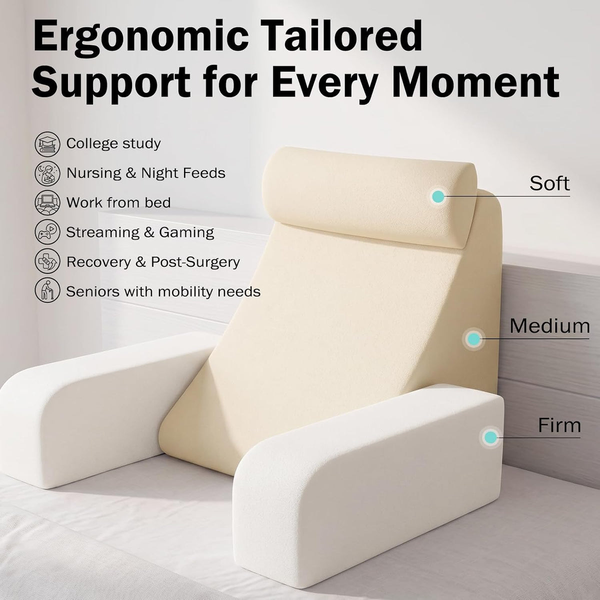 ENITYA 21" Reading Pillow for Bed with Firm Back Support & Big Pockets