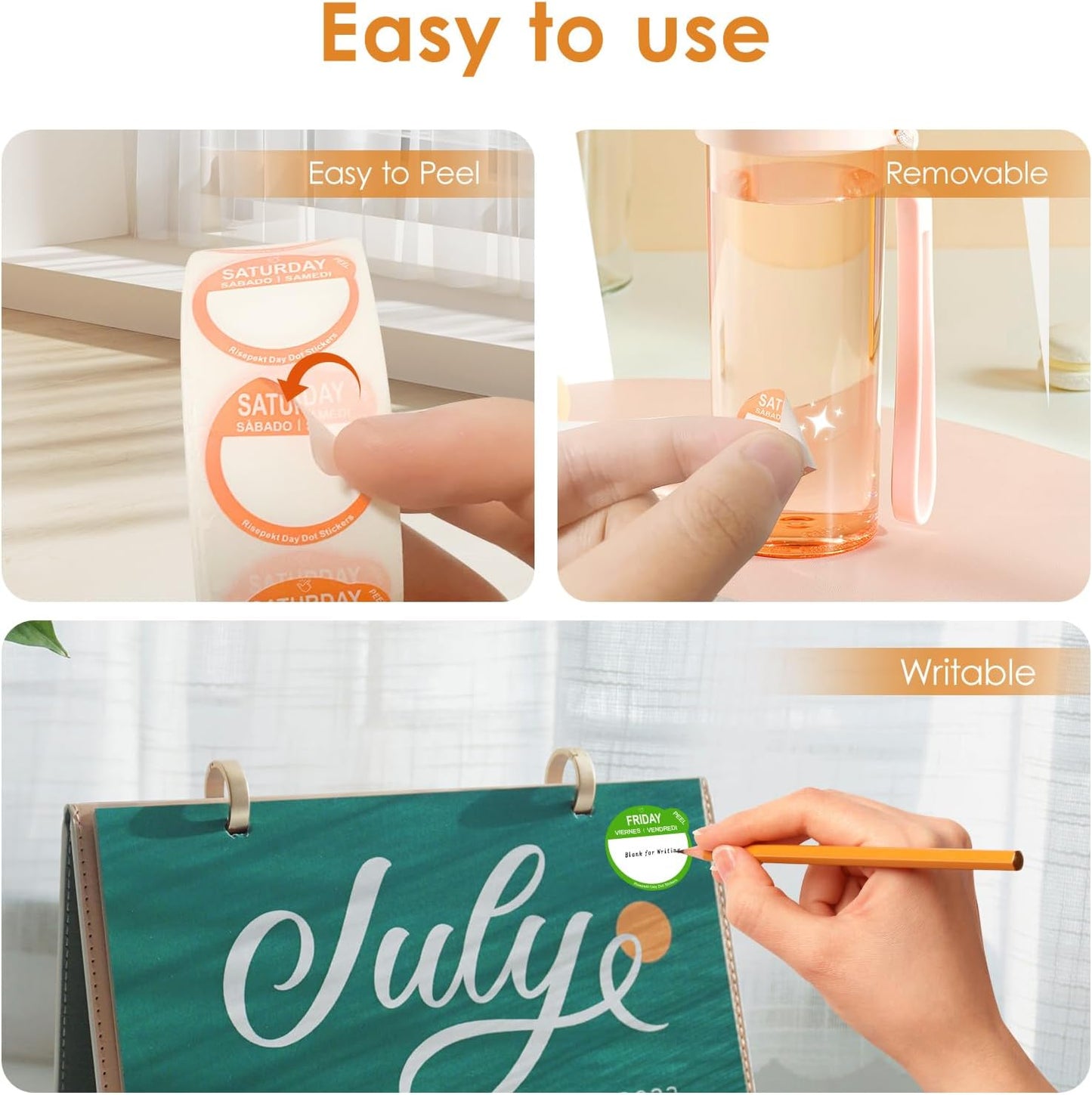 7000 Pcs 1 Inch Risepekt Removable Day Dots Food Labels (Monday-Sunday) | 【English Español Français】Easy to Peel Day of The Week Labels for Restaurant Kitchen Containers, Self Adhesive Date Stickers