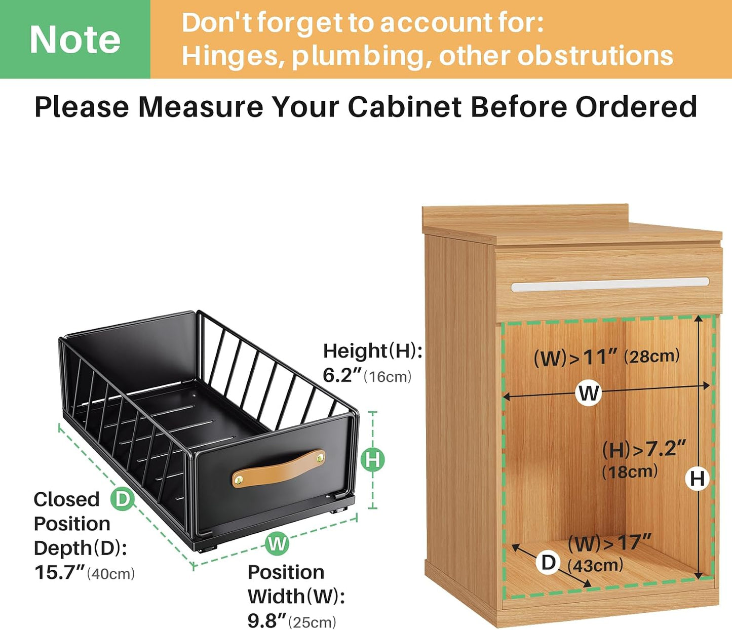 Pull out Cabinet Organizer,Heavy Duty Slide out Pantry Shelves Drawer Storage with Adhesive Nano Film,Sliding Mesh Cabinet Basket with Handle for Kitchen, Bathroom, Home, 11.8"W X 15.7"D X6.2"H,Black