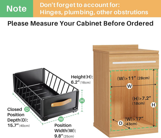 Pull out Cabinet Organizer,Heavy Duty Slide out Pantry Shelves Drawer Storage with Adhesive Nano Film,Sliding Mesh Cabinet Basket with Handle for Kitchen, Bathroom, Home, 11.8"W X 15.7"D X6.2"H,Black