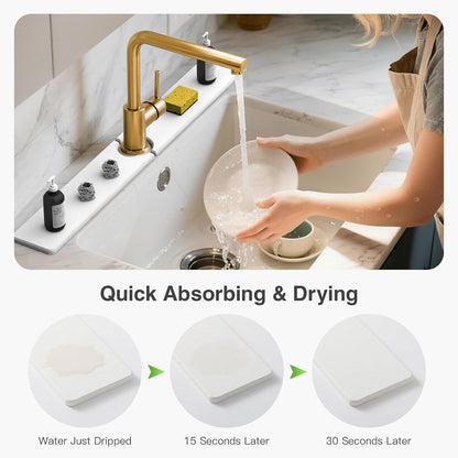 Premium Stone Faucet Mat for Kitchen Sink, 30" x 4" White | Quick Drying & Water Absorbent, Sink Splash Guard Tray for Prevents Moisture Buildup