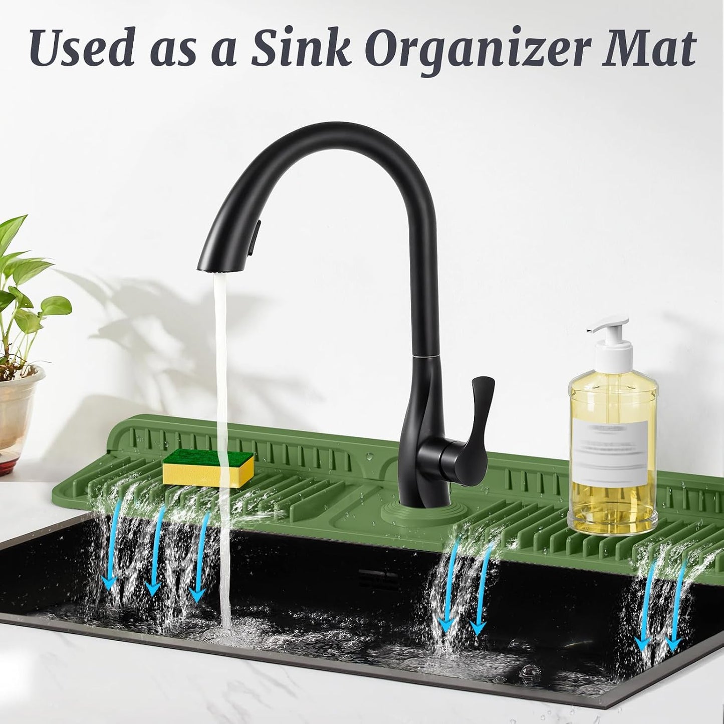 PoYang 24 Inch Faucet Mat for Kitchen Sink Splash Guard, Silicone, Black | Sink Protectors with 7° Slope for Smooth Drainage, Snap Button Holds It in Place, 90° Foldable & Cuttable Hole Fit Most Sinks