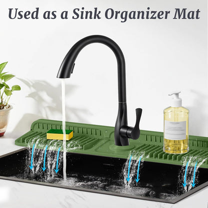 PoYang 24 Inch Faucet Mat for Kitchen Sink Splash Guard, Silicone, Black | Sink Protectors with 7° Slope for Smooth Drainage, Snap Button Holds It in Place, 90° Foldable & Cuttable Hole Fit Most Sinks