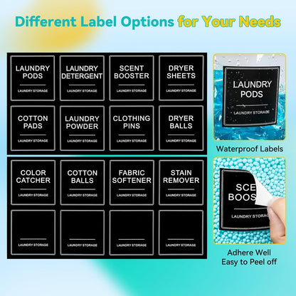 Laundry Pods Container & Dryer Sheet Holder, Laundry Room Organization and Storage Jars with Lids, Labels & Scoops for Powder Detergent Scent Booster, Black Lid