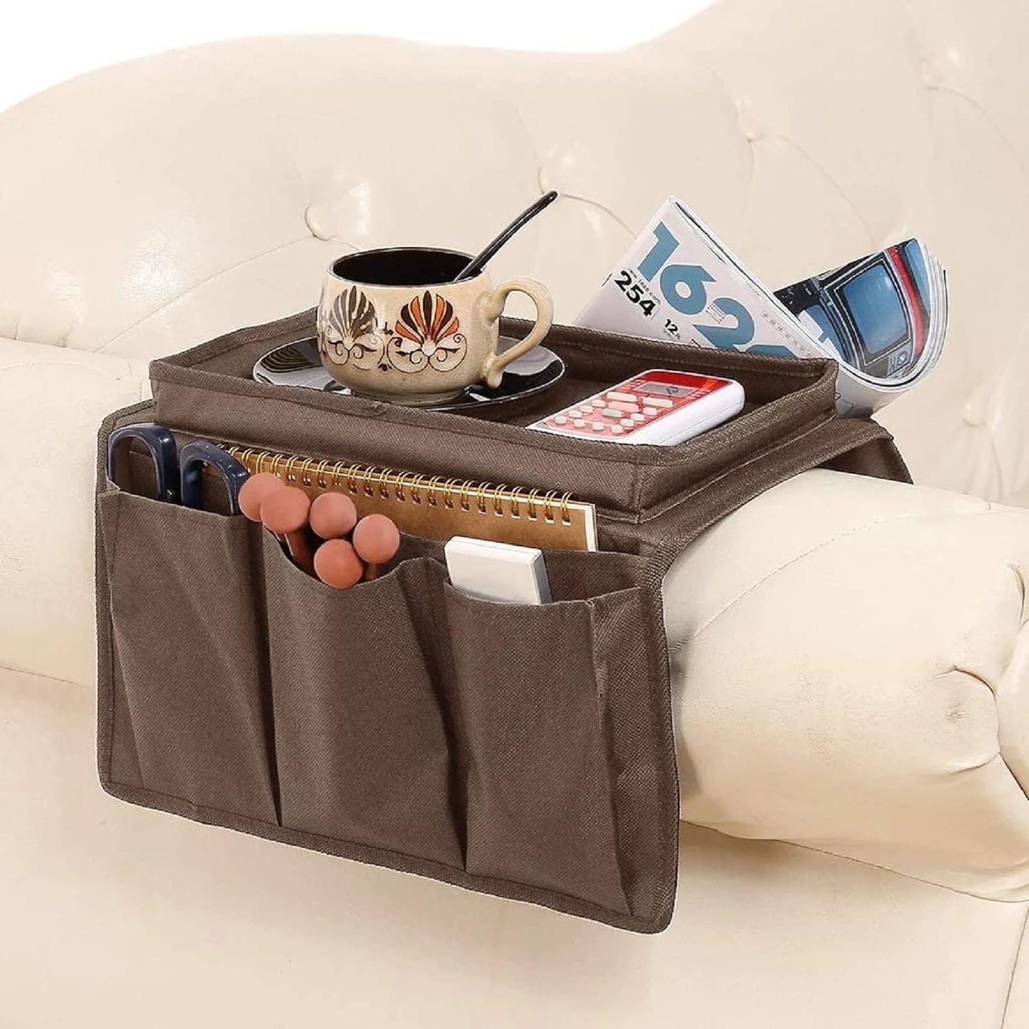 Sofa Armrest Organizer with Cup Holder No-Slip Couch Sofa Armrest Organiser Couch Remote Caddy Control Holder with 1 Large Pockets and 3 Small Pockets for Smart Phone Magazines Ipad Drinks