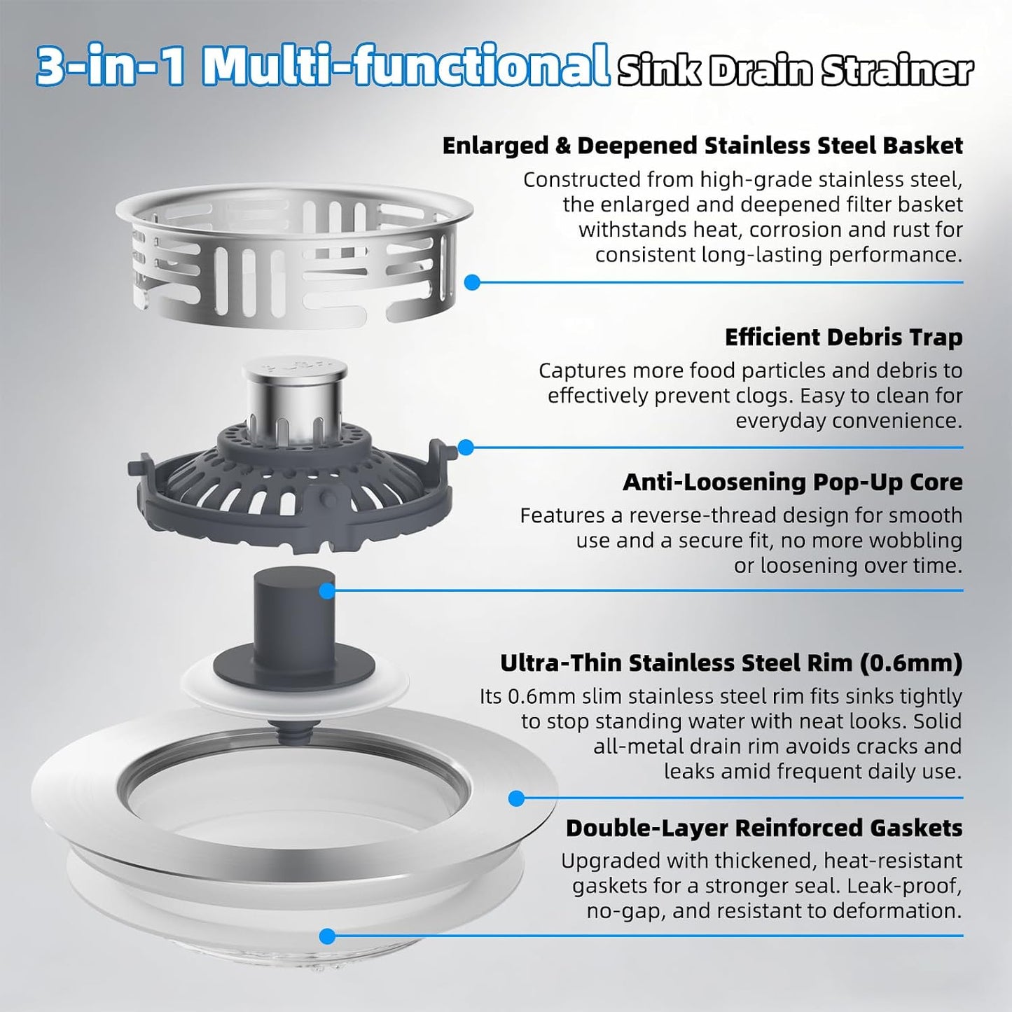 Hibbent 3 in 1 Kitchen Sink Drain Strainer, Metal Pop Up Stopper | Larger Anti-Clogging Basket, 3-Layer Seal, Detachable Sink Drain Plug for US Standard 3-1/2" Drain, Brushed Stainless Steel