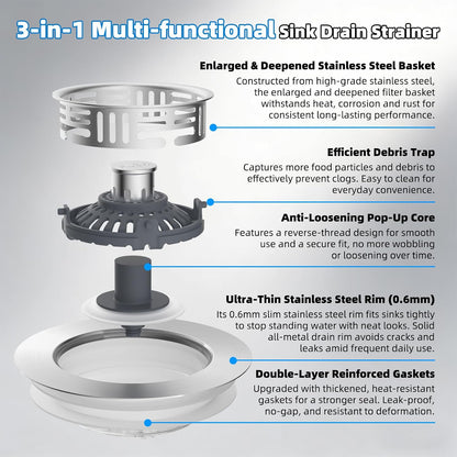 Hibbent 3 in 1 Kitchen Sink Drain Strainer, Metal Pop Up Stopper | Larger Anti-Clogging Basket, 3-Layer Seal, Detachable Sink Drain Plug for US Standard 3-1/2" Drain, Brushed Stainless Steel