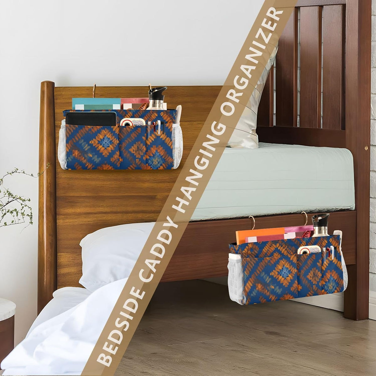 Bedside Caddy Hanging Bunk Bed Caddy Bed Organizer Hanging Pocket with 2 Hooks Bedside Storage Organizer Pocket Bag Holder Checkered Light Green - Colors B