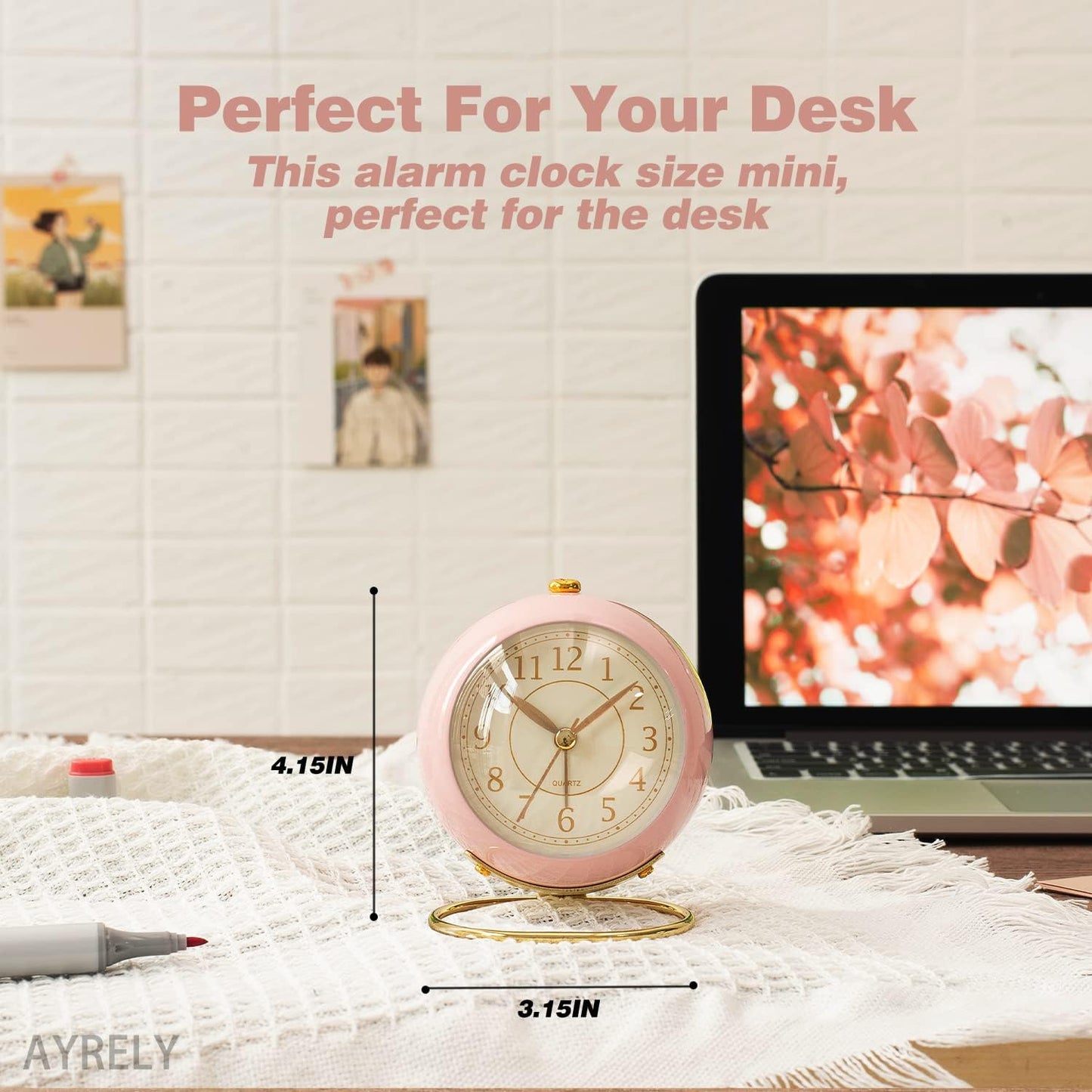 AYRELY® Battery Operated Analog Desk Alarm Clock with Light, Table Clock | Retro Aesthetic Clock with Silent Non-Ticking Movement for Bedside, Bedroom, Kitchen, Office, Travel & Kids' Room(Light Pink)