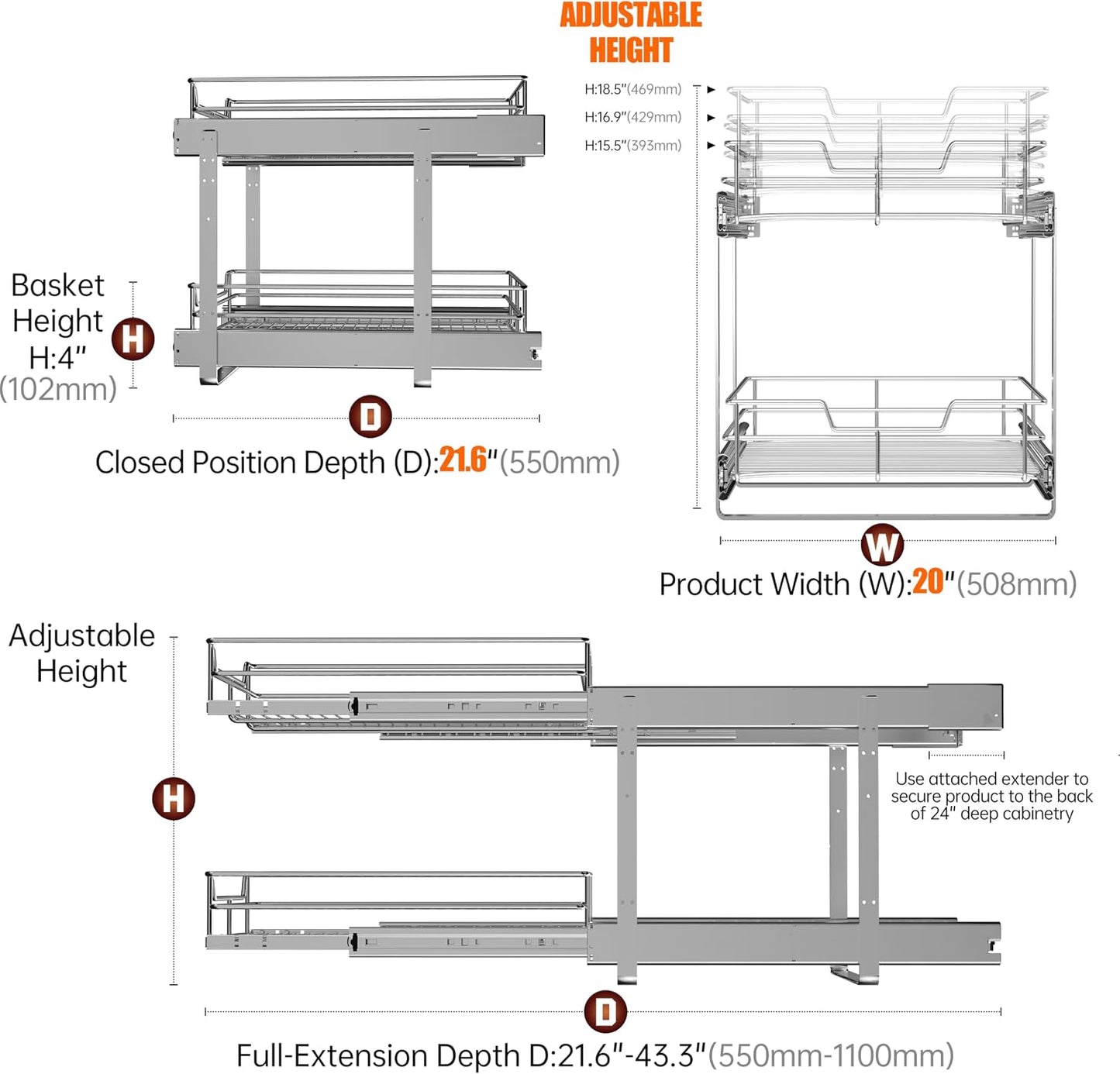 2-Tier Cabinet Pull Out Shelves, 14" W x 22" D, Chrome | Heavy-Gauge Wire Kitchen Cabinet Organizer, 100 lbs Capacity, Ball-Bearing Glides, Min 15" Opening, For Tupperware & Bowls